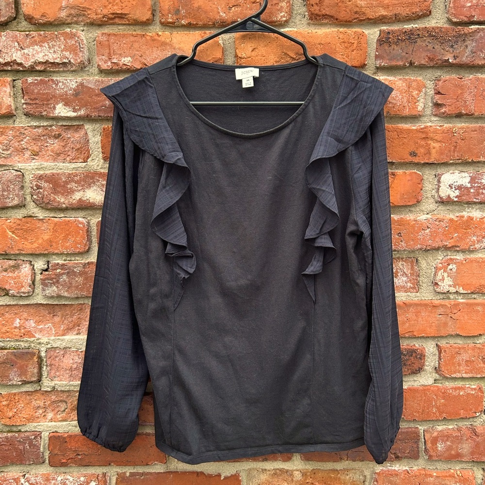 J.. Crew Factory Black Ruffled L/S Blouse M